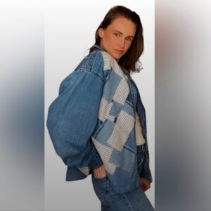 Upcycled Design - Denim Patchwork Button Front Jacket - XL
